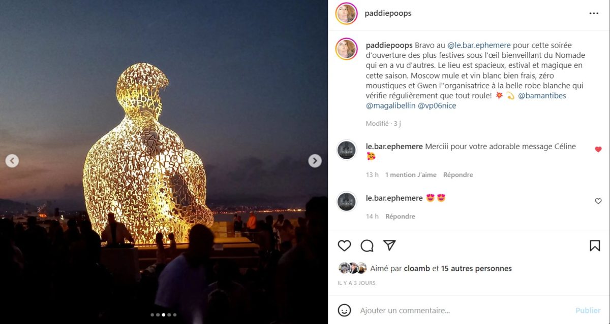 capture d'un post instagram mettant en avant la soirée d'ouverture du bar ephemere en association avec le bar a manger BAM Antibes