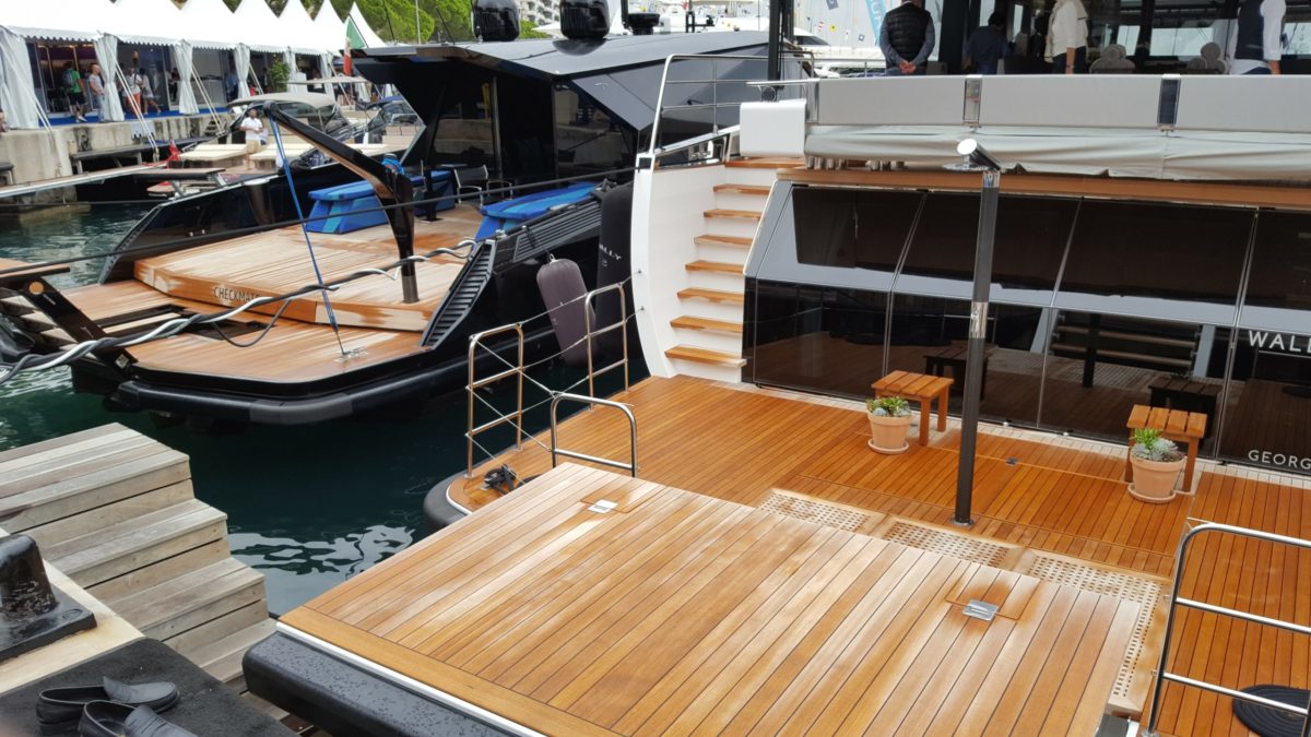 espace à l'arriere d'un yacht ornamenté de pots de fleurs sur le beau deck en bois ou les passagers remontent a bord.
