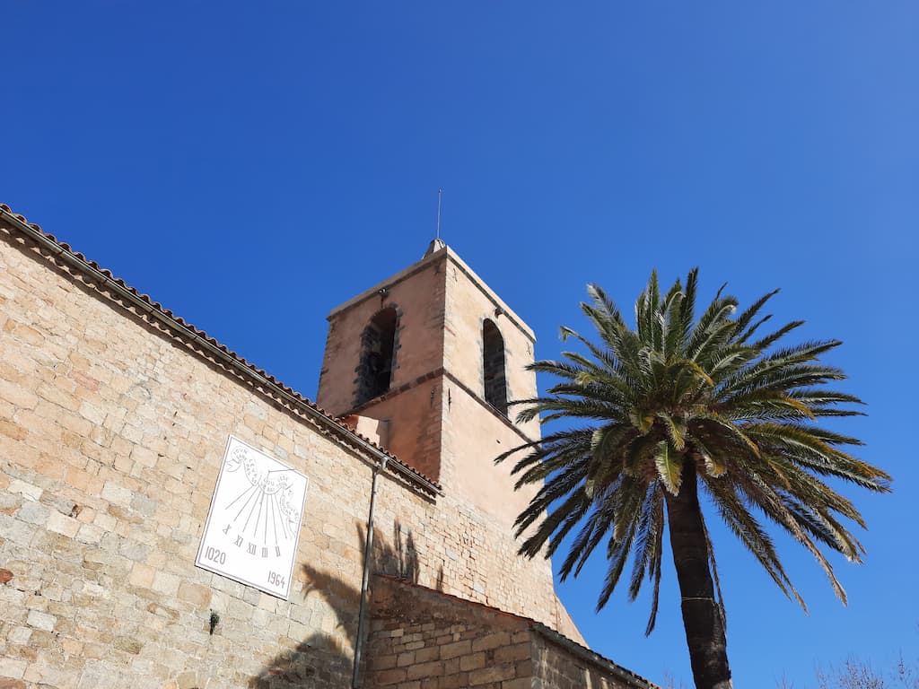 eglise de Biot sous un ciel bleu, avec le seul palmier du village de Biot accolé au clocher