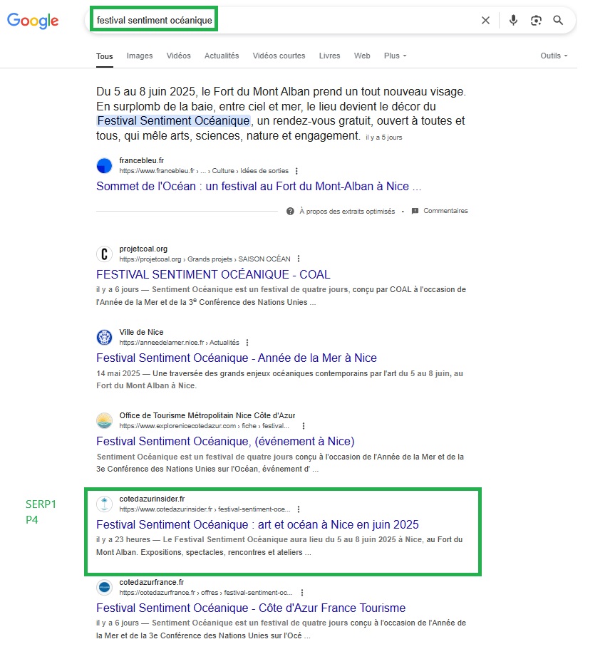 le festival sentiment oceanique est en position 4 sur google depuis sa publication, le type de festival que je propose en tant qu'article sponsorisé SEO sur Côte d’Azur Insider