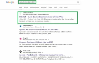requete "concerts cote d'azur 2025" en position 1 pour cote d'azur insider