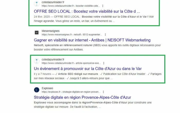 screen de la serp de google montrant que cote d'azur insider et celine amc sur linkedin prennent 3 places sur la premiere page grace a leur offre de mise en lumiere sur la cote d'azur