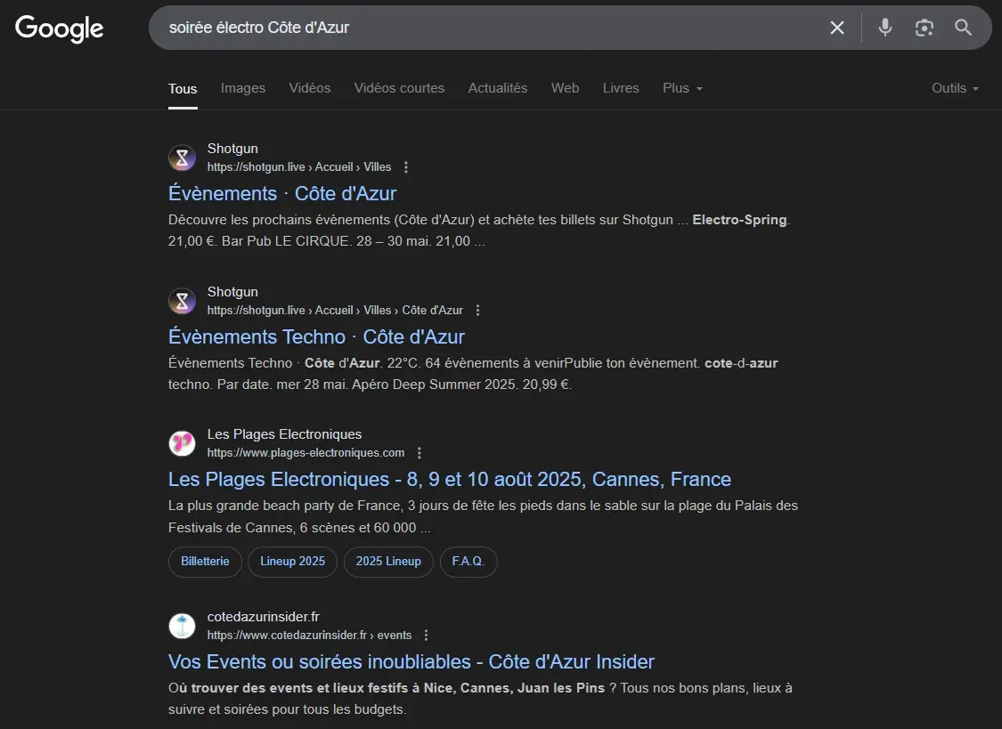 screen de la serp google en navigation privee pour montrer que cote d'azur insider ressort en position 4 pour la requete "soiree electro cote d'azur" ce qui peut faire l'objet d'un article seo sponsorisé sur cote d'azur insider