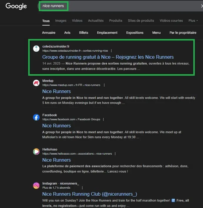 screen montrant que l'article sur nice runners est en pole position sur google, le type d'initiative que je propose en tant qu'article sponsorisé SEO sur Côte d’Azur Insider