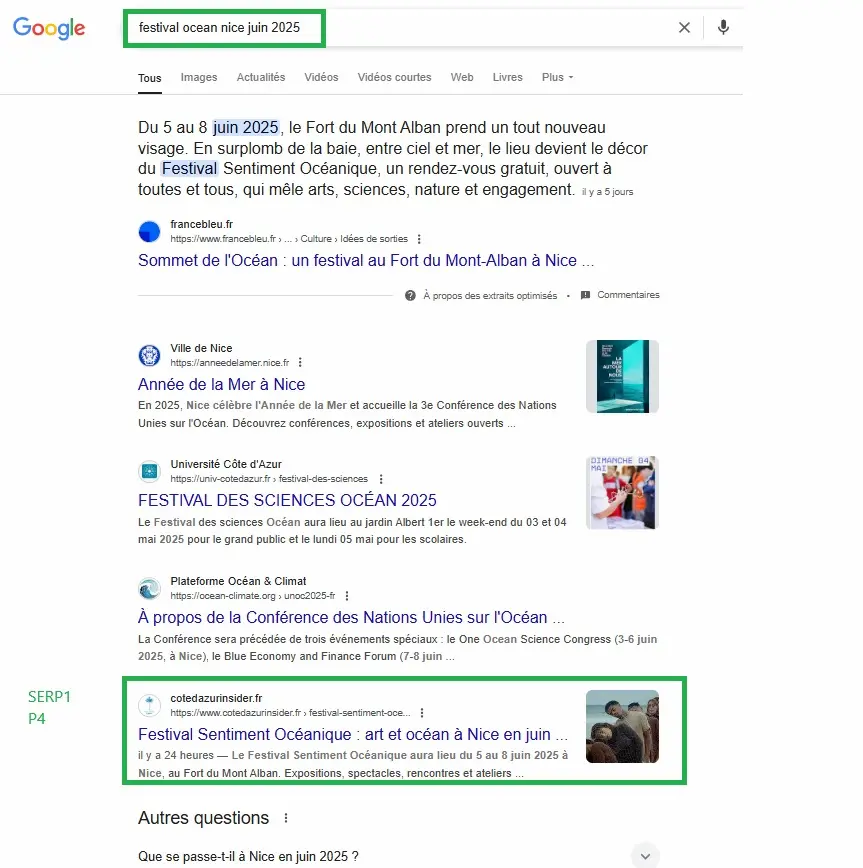 screen montrant que l'article de cote d'azur sur le festival sentiment oceanique s'est classe en position 4 des sa parution