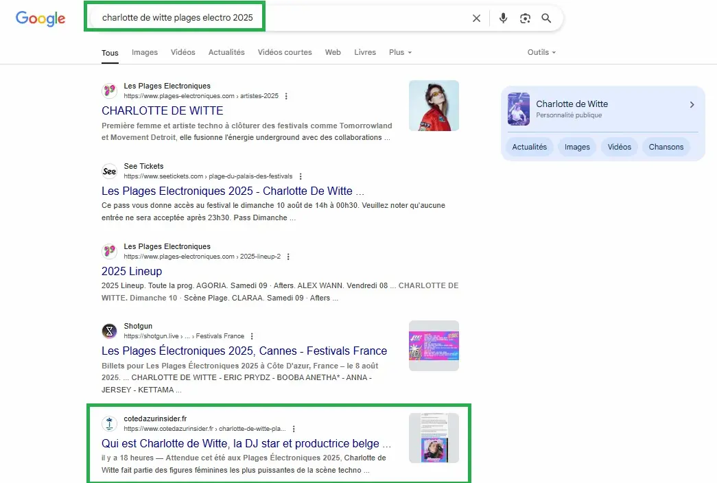 resultat google montrant requete charlotte de witte plages electro en P5 sur la serp