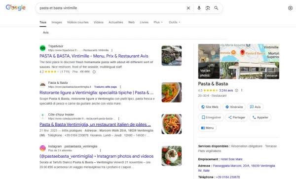 capture d'ecran pasta & basta vintimille pour illustrer la page collaboration de cote d'azur insider