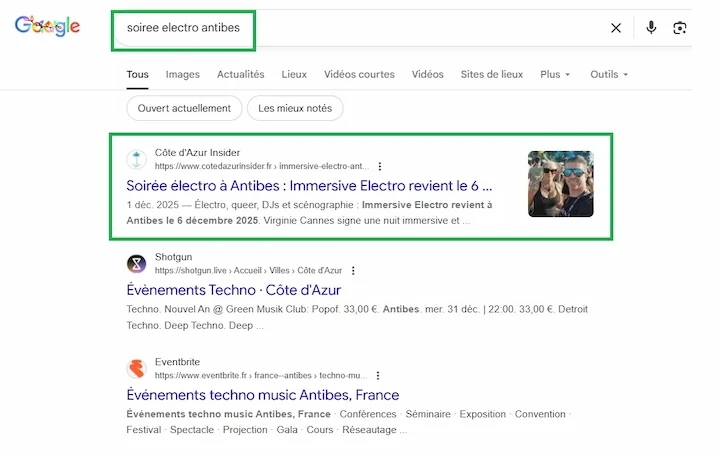 imprim ecran google montrant cote d'azur insider en pole position sur la requete soiree electro antibes