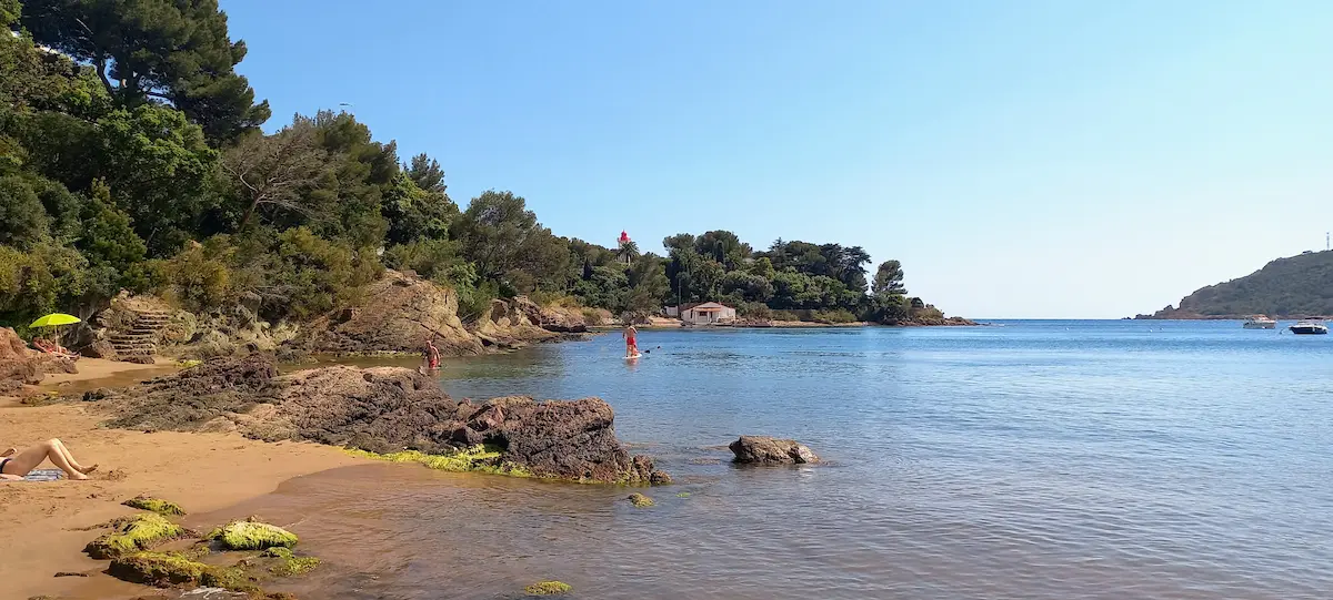 plage des beaumettes a agay avec baigneurs et paddles lors d'une journee ensoleillee avec mer limpide