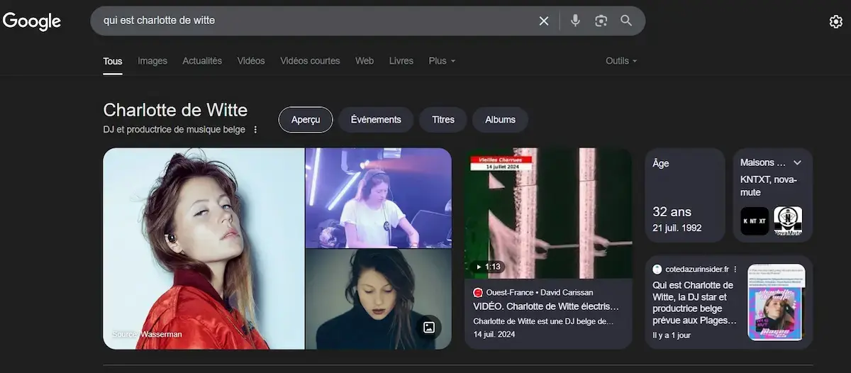 screen google montrant article cote d'azur insider en suggestion de lecture sur la requete qui est charlotte de witte