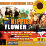 flyer d'une soiree hippy flower party avec dates, style de musique et groupes et djs prevus