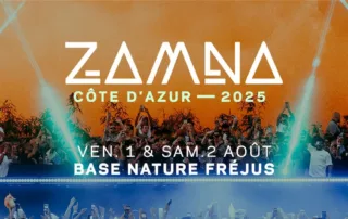 flyer du zamna festival qui aura lieu sur la cote d'azur les 1 et 2 aout 2025 a la base nature de frejus