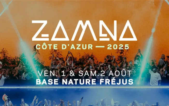 flyer du zamna festival qui aura lieu sur la cote d'azur les 1 et 2 aout 2025 a la base nature de frejus
