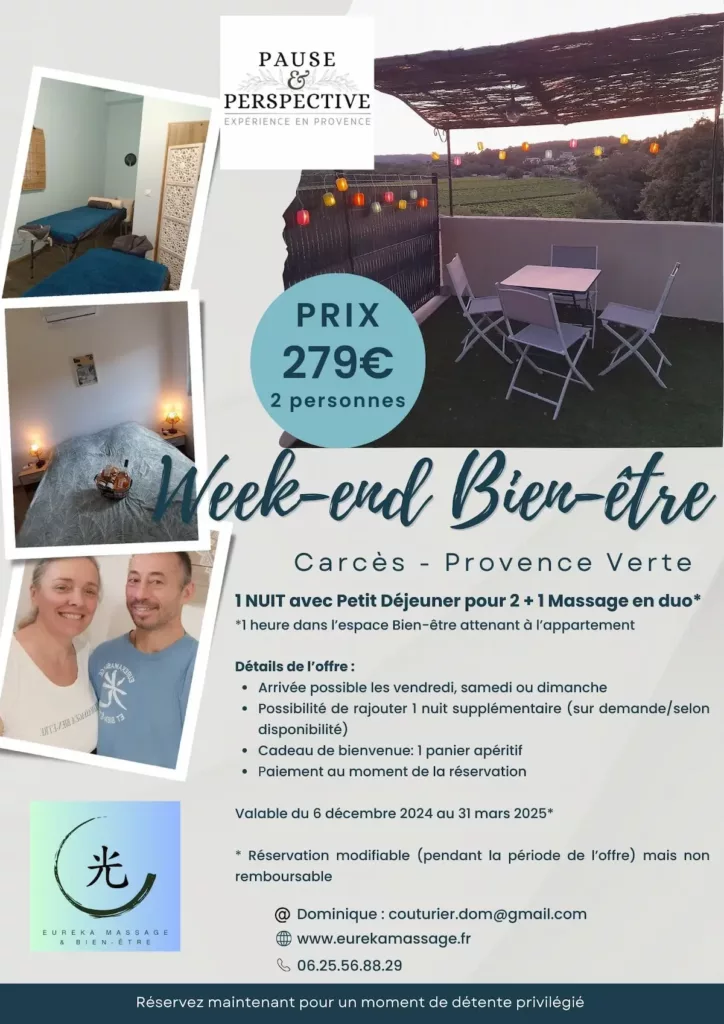 flyer de l'offre weekend bien etre propose par dom et rita couturier a carces en provence verte 