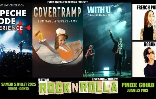 flyer mettant en avant le festival rocknrolla 2025 prevu le 5 juillet a a juan les pins avec 3 tribute bands de supertramp, U2 et depeche mode