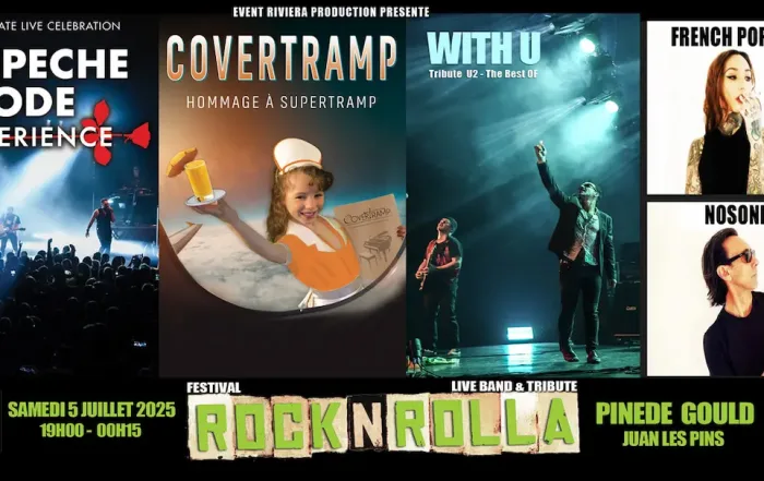flyer mettant en avant le festival rocknrolla 2025 prevu le 5 juillet a a juan les pins avec 3 tribute bands de supertramp, U2 et depeche mode