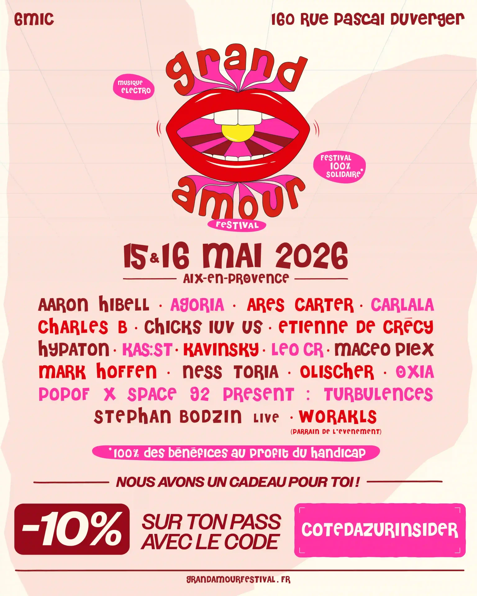 Affiche du Grand Amour Festival 2026, festival électro 100 % solidaire au 6MIC à Aix-en-Provence