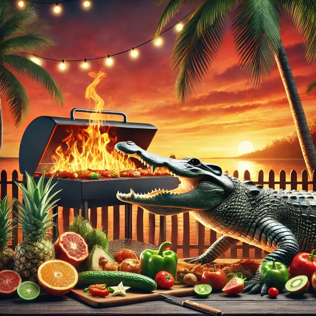 image IA illustrant article portant sur les repas thématiques originaux illustré par la presentation d'un traiteur et specialiste evenementiel dans le var avec une specialité de crocodile