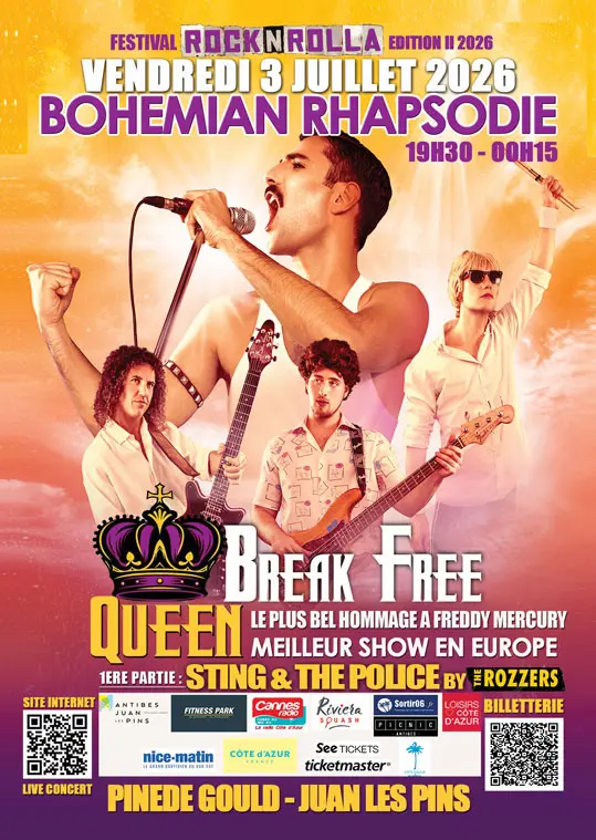 affiche rocknrolla juillet 2026 pinède juan les pins tribute bands queen et the police