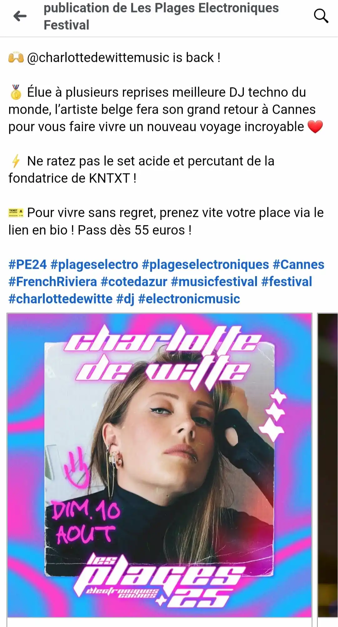 screen d'une publication instagram annonçant la venue de Charlotte de Witte aux Plages Électroniques 2025 de Cannes
