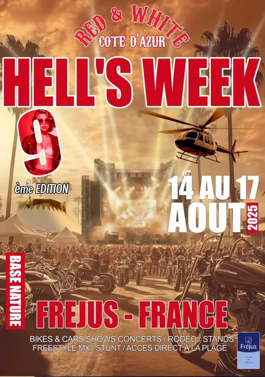 Hell's Week 2025 à Fréjus : affiche officielle de la 9ème édition proposant concerts rock, shows moto et rassemblement bikers