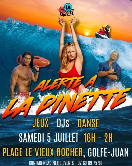 flyer alerte a la dinette, prochaine beach party au vieux rocher a golfe juan le 5 juillet 2025