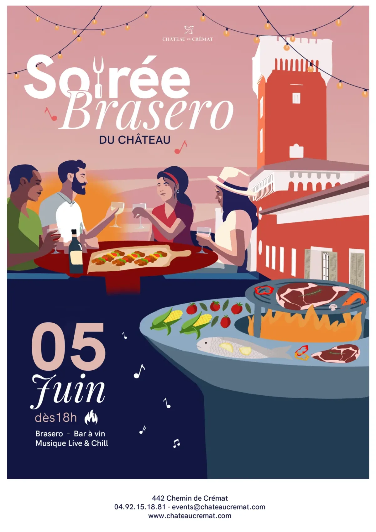 flyer de la soirée Brasero du Château de Crémat ayant lieu le 5 juin 2025