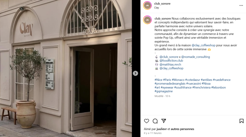 screen instagram de la collaboration club sonore et coffee shop clay
