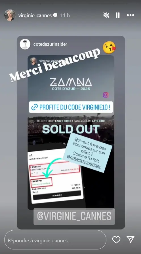 copie ecran de la story instagram de virginie cannes qui remercie cote d'azur insider d'avoir diffuse le code promo virginie10 sur son compte instagram