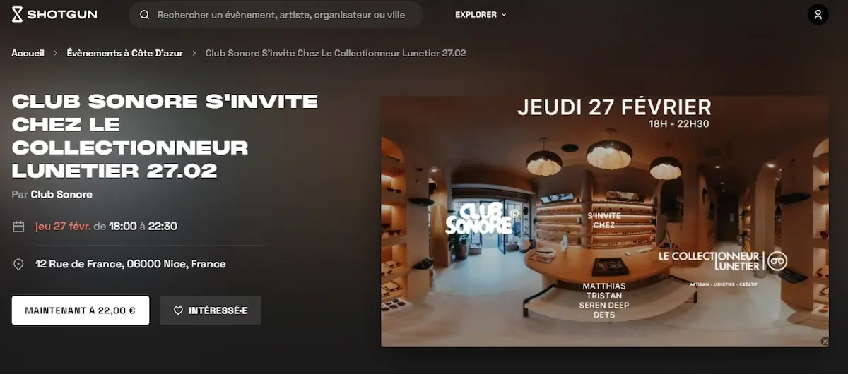 flyer du club sonore du 27 fevrier chez le collectionneur lunetier a nice