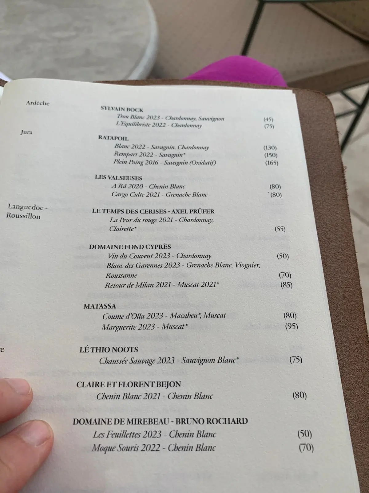 carte des vins de l'hotel du couvent a nice