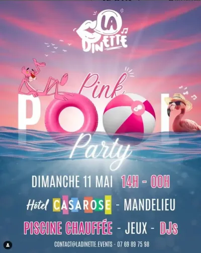 flyer de la prochaine dinette pool party a venir le 11 mai a mandelieu