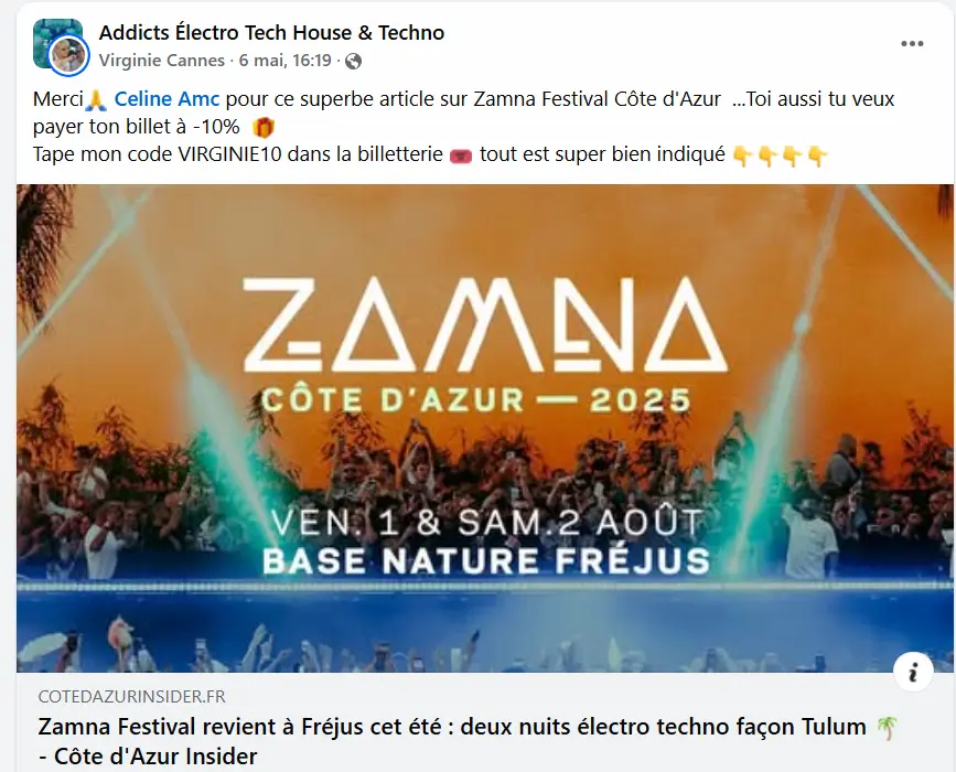 screen de virginie cannes partageant l'article zamna festival de cote d'azur insider a ses divers groupes facebook pour remercier le blog d'avoir partage son code promo