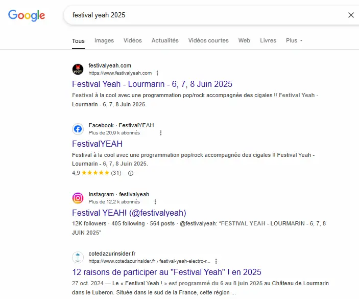 festival yeah en position 4 sur google depuis octobre 2024