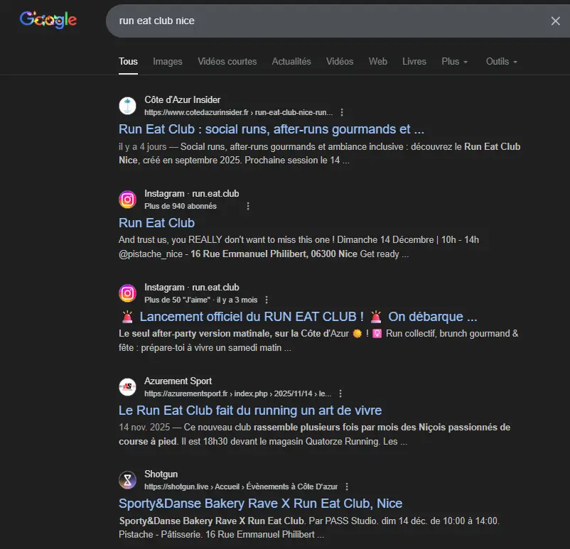 google screen run eat club nice SERP1 P1