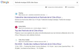 screen google montrant la requete festivals 2025 côte d'azur en position 3 sur la SERP 1 de google