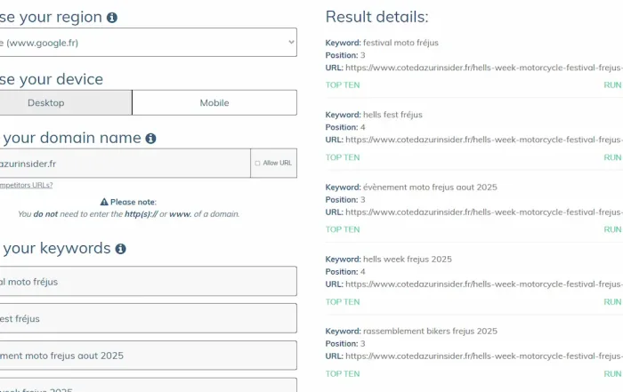 preuve de classements sur google de la hells week frejus 2025 via l'outil serp checker