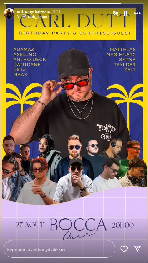 flyer club sonore diffuse en story de la soiree du 27 aout au bocca mar a nice avec carl dutt entre autres dj