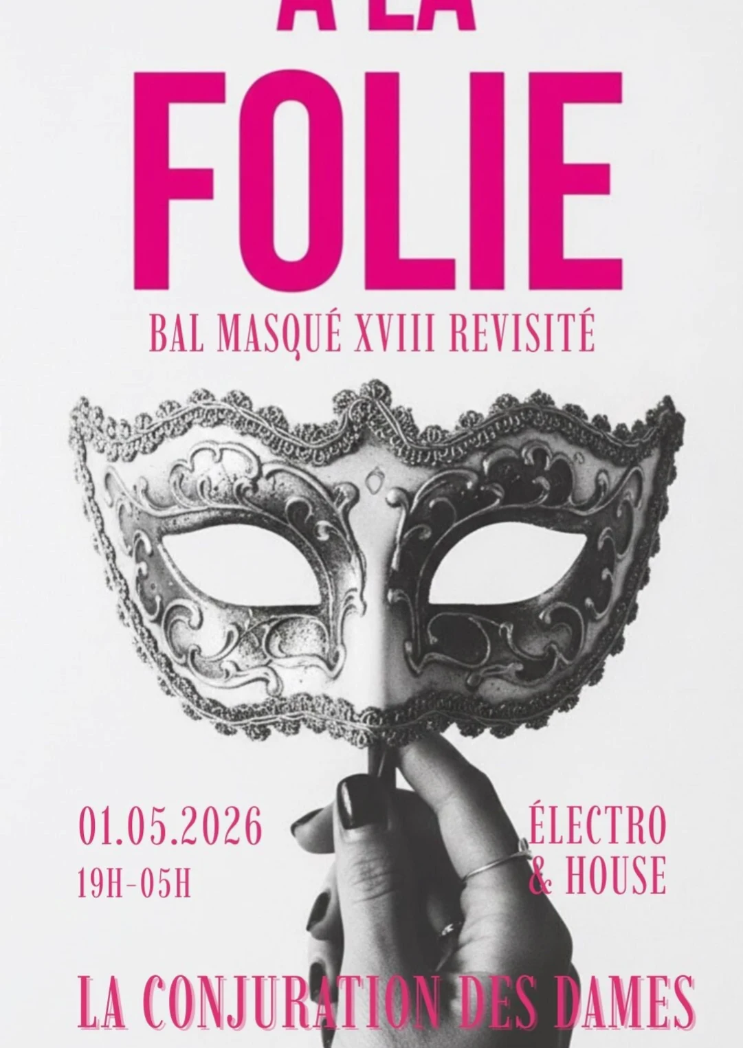 flyer du bal masqué conjuration des dames prévu pres de montpellier le 1er mai 2026