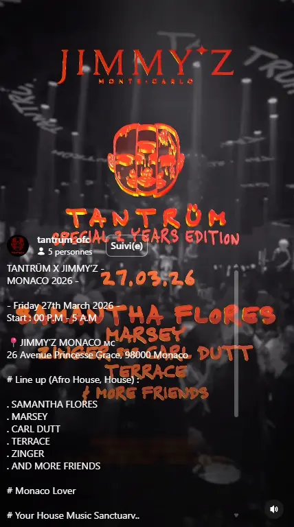 story de tantrum qui reprend ses soirées monegasques a monaco au jimmys a partir du 27 mars 2026