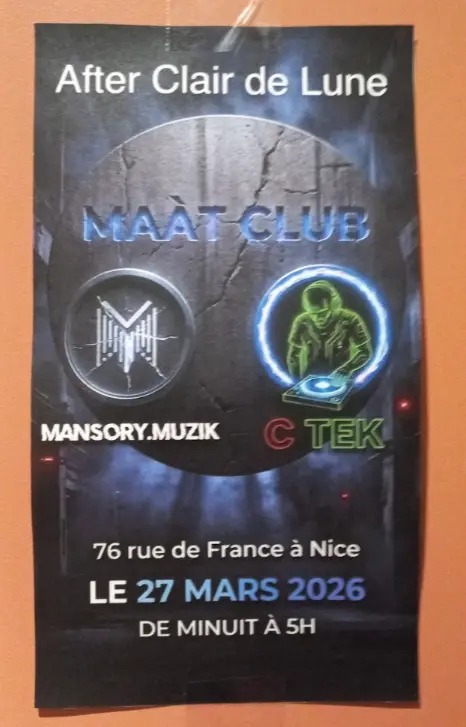 flyer annoncant une after au maat club le 27 mars 2026