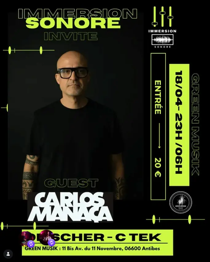 flyer immersion sonore invite carlos manaça au greekclub à antibes