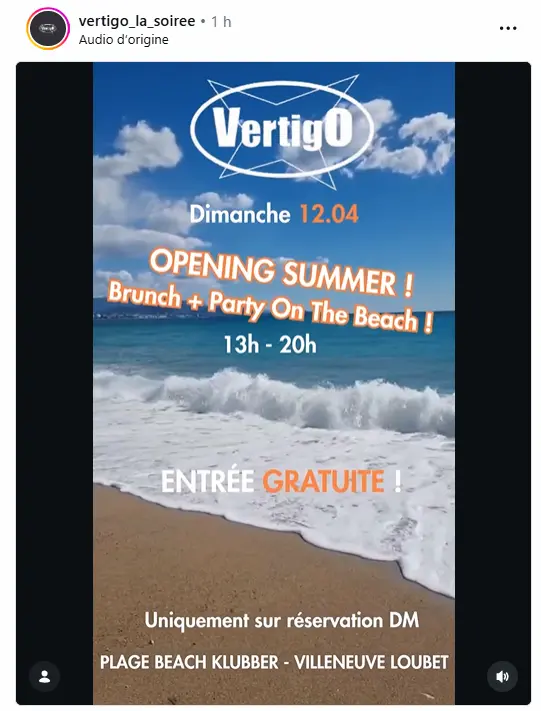 capture ecran de la story instagram de vertigo la soiree au beach klubber de villeneuve loubet le 12 avril