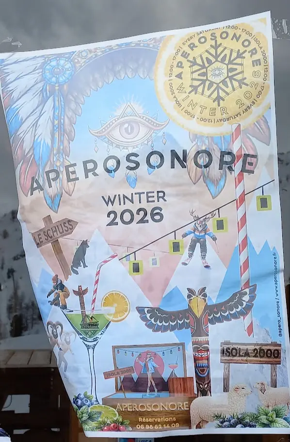 affiche apero sonore au schuss en haut du telecabine pelavos a isola 2000