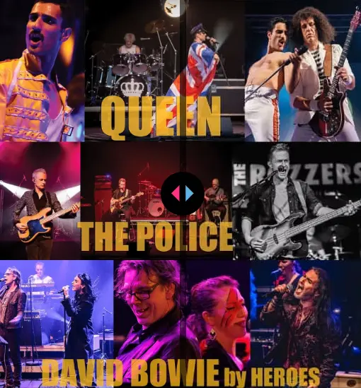 montage trois tribute bands rocknrolla pinède juan les pins : queen, the police et bowie