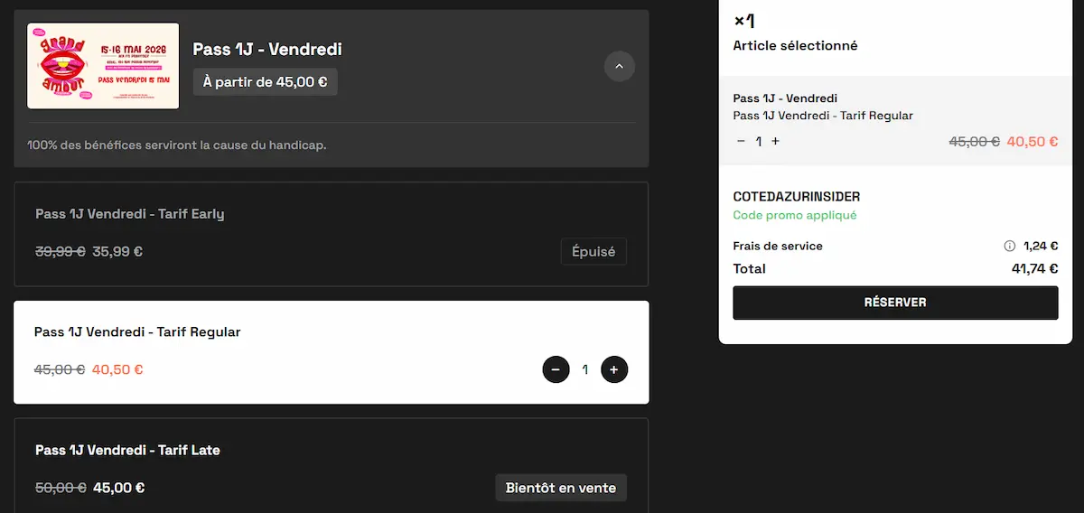 screen de la page shotgun du grand amour festival proposant un tarif regular