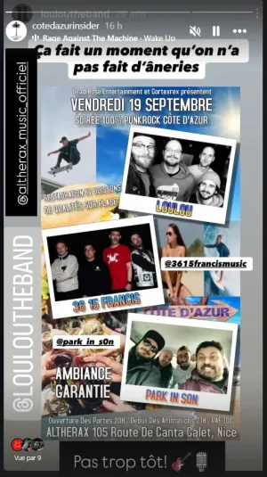 story Loulou The Band sur instagram re leur concert du 19 sept à Altherax Nice