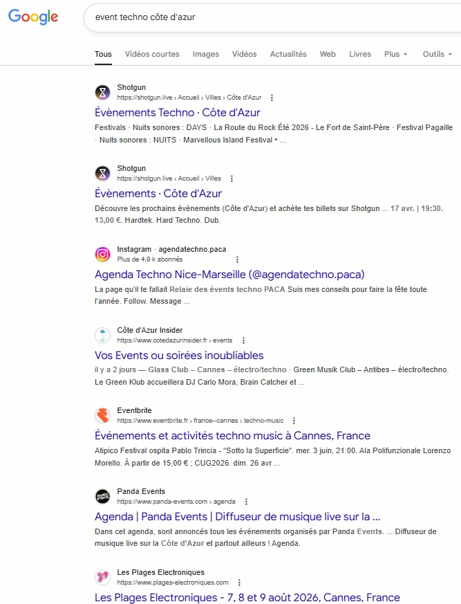 screen google pour montrer positionnement de cote d'azur insider sur la serp (page de resultats), ici en numero 4 sur la requete 'event techno côte d'azur'