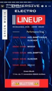 line up des DJs en solo et duo à la soirée Immersive Electro du 6 décembre 2025 à Antibes