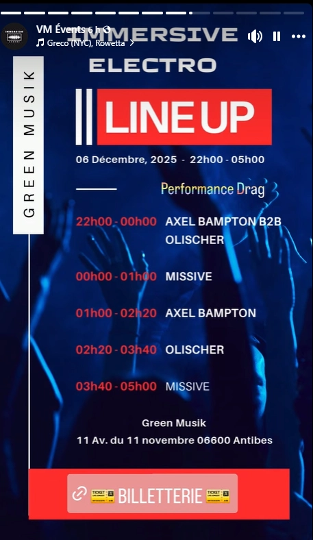 line up des djs en solo et duo a la soiree immersive electro du samedi 6 decembre 2025 a antibes